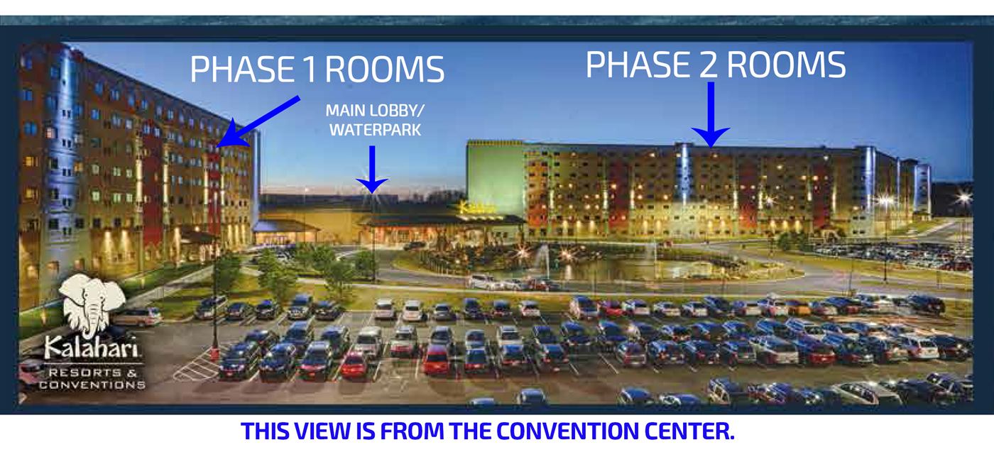Kalahari Resort seen from the Convention Center: Phase 1 rooms on the left, main lobby and waterpark in the centre, Phase 2 rooms on the right